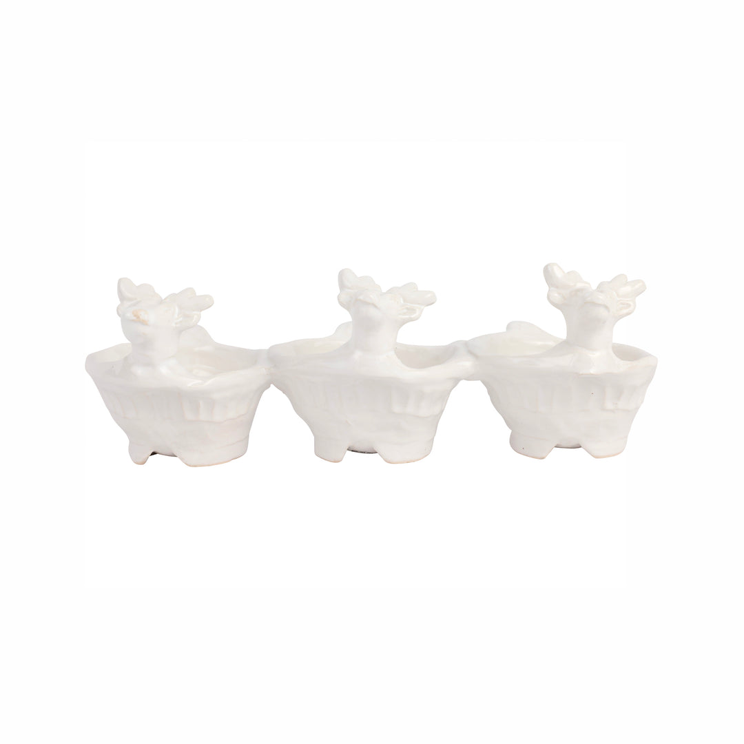 three bowled platter with white ceramic deer-shaped design on a white background