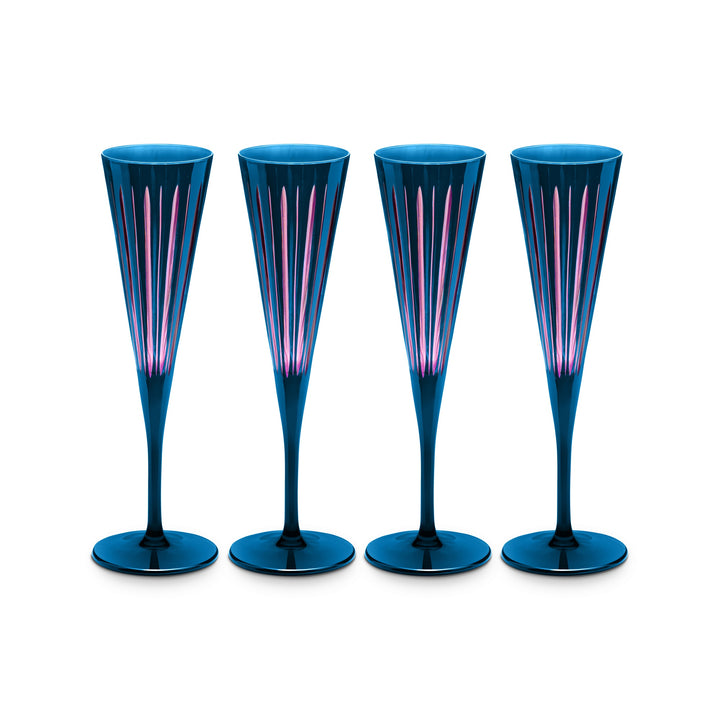 Four blue champagne flutes with pink interior 