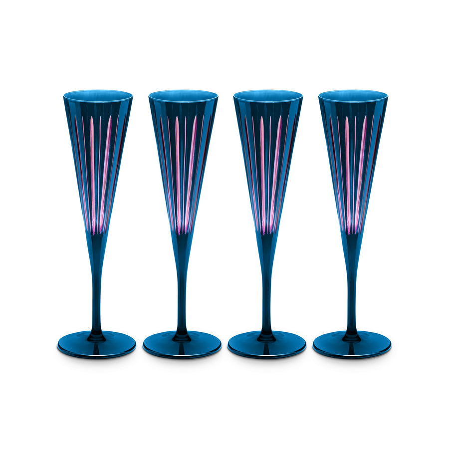 Four blue champagne flutes with pink interior 
