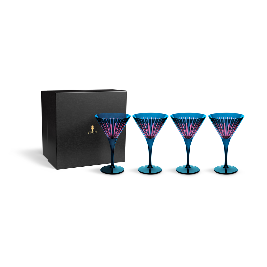 Set of four blue and pink cocktail glasses with a black gift box