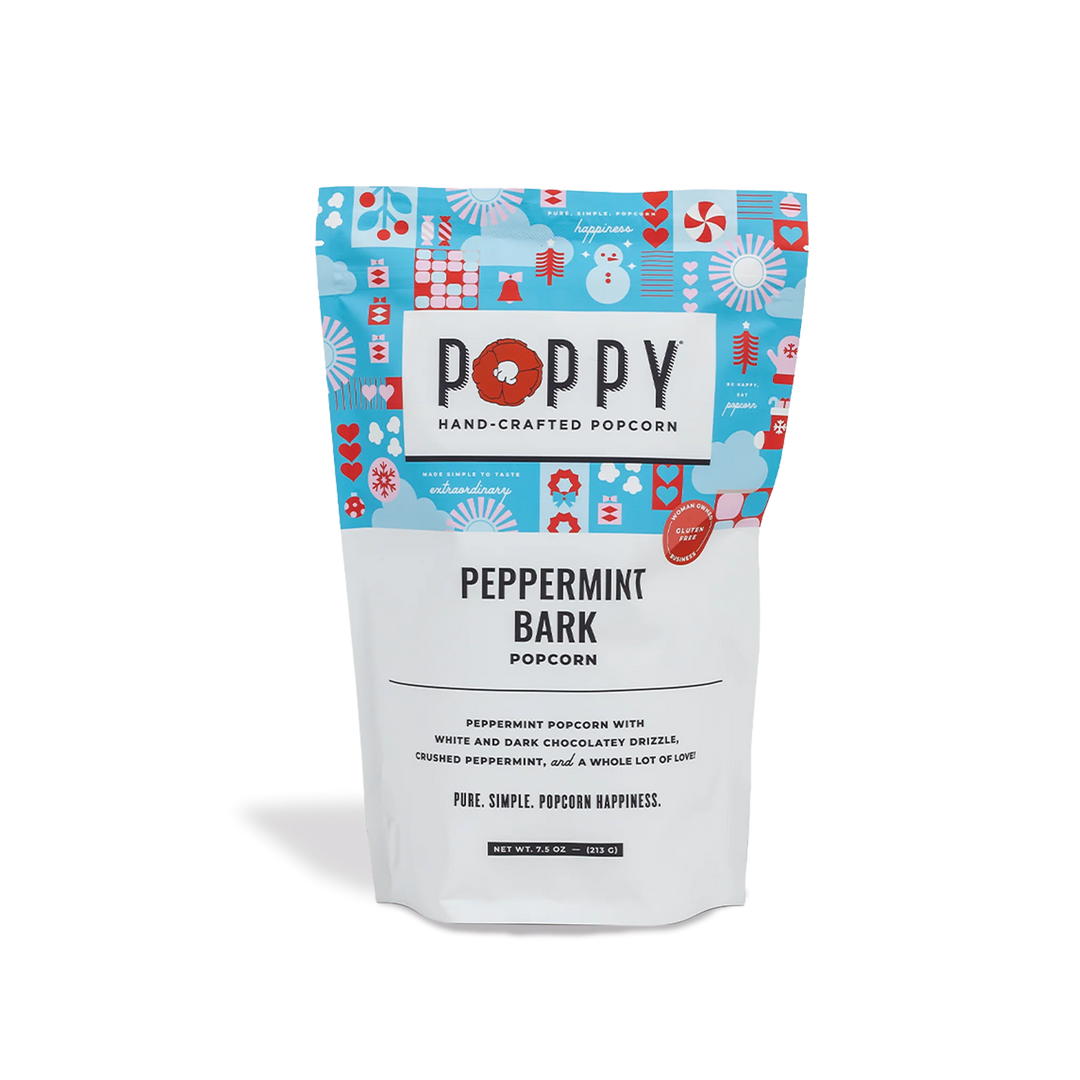 Poppy peppermint bark popcorn packaging on a white background