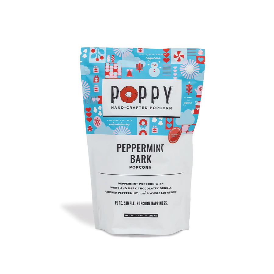 Poppy peppermint bark popcorn packaging on a white background