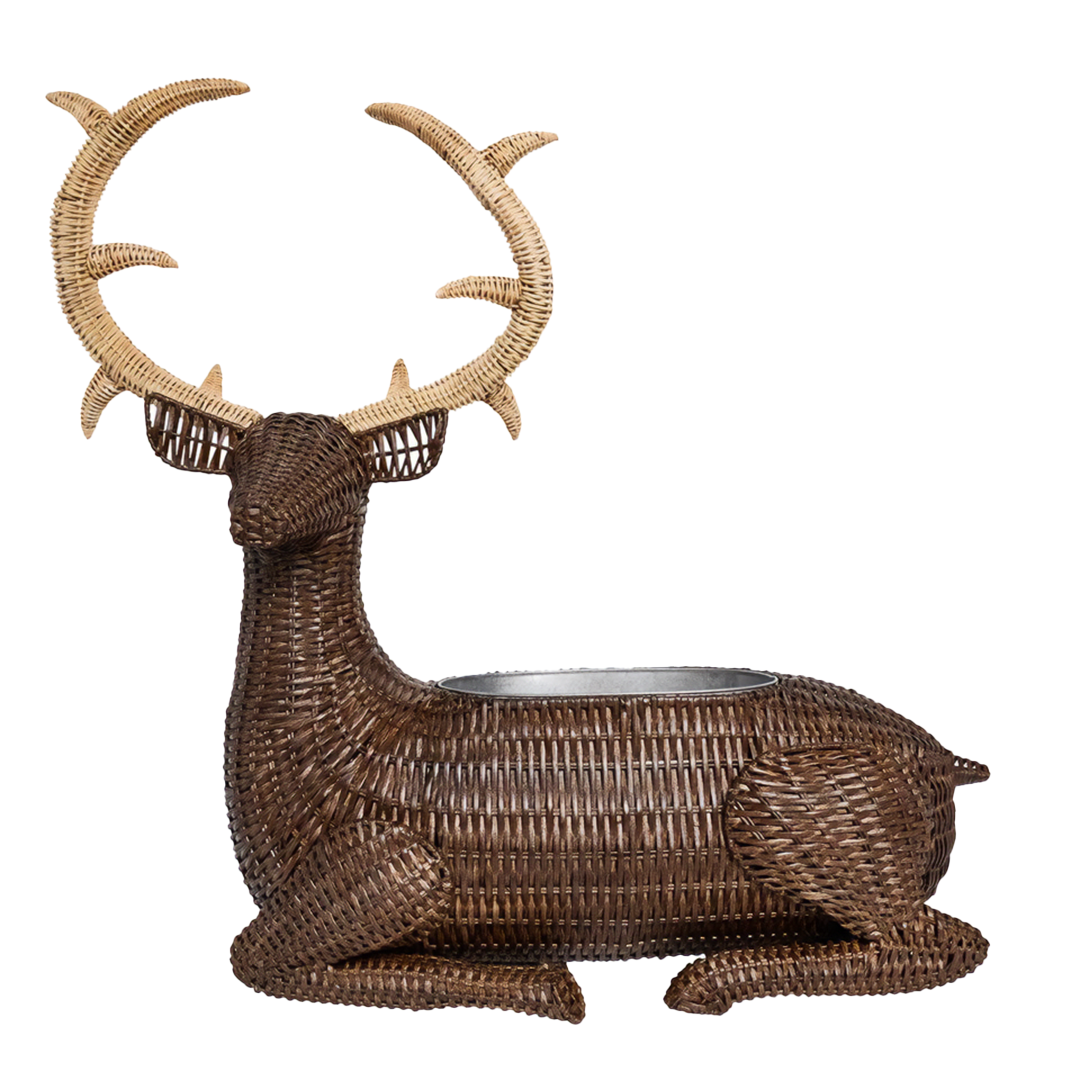 Wicker deer-shaped planter or party bucket with a white background