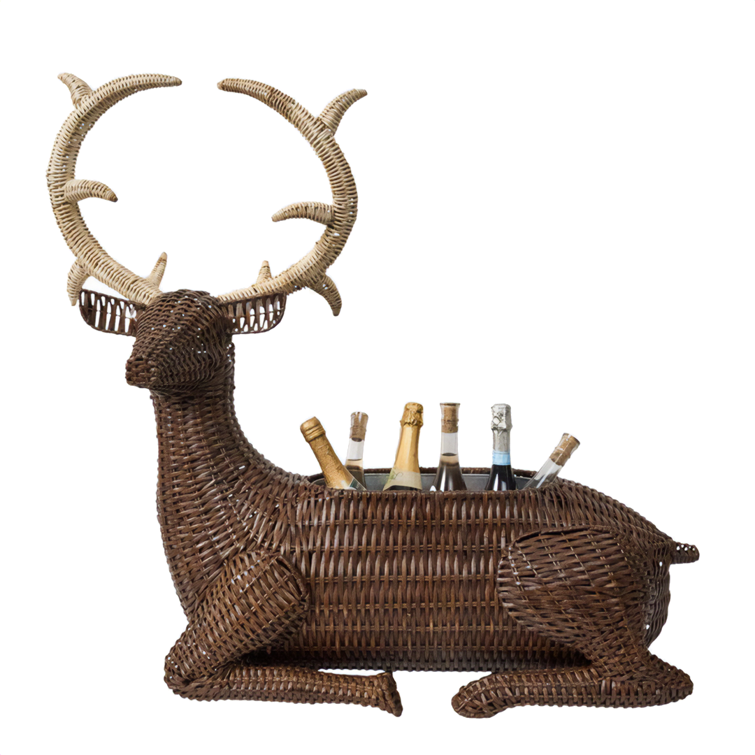 Wicker deer-shaped champagne bucket with bottles 