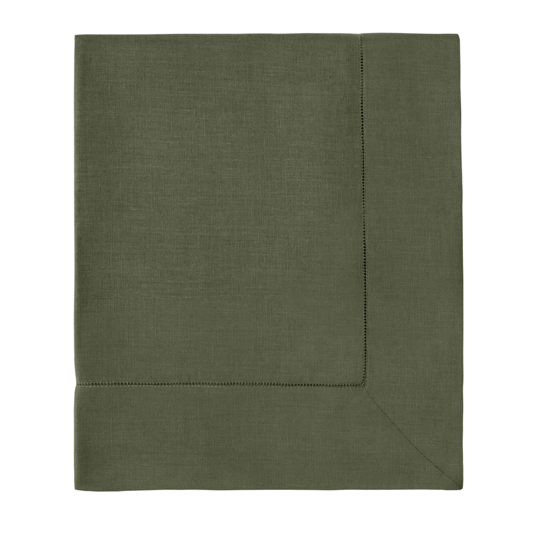An olive green linen napkin with a folded corner and double-stitched border, displayed flat against a clean white background.