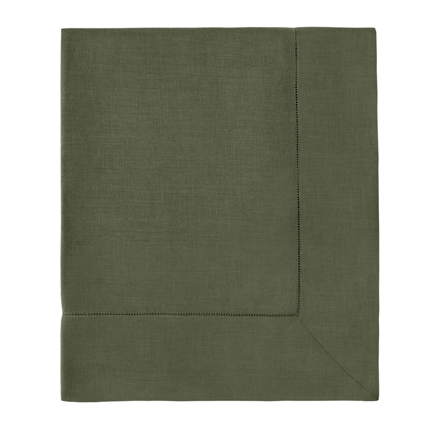 An olive green linen napkin with a folded corner and double-stitched border, displayed flat against a clean white background.