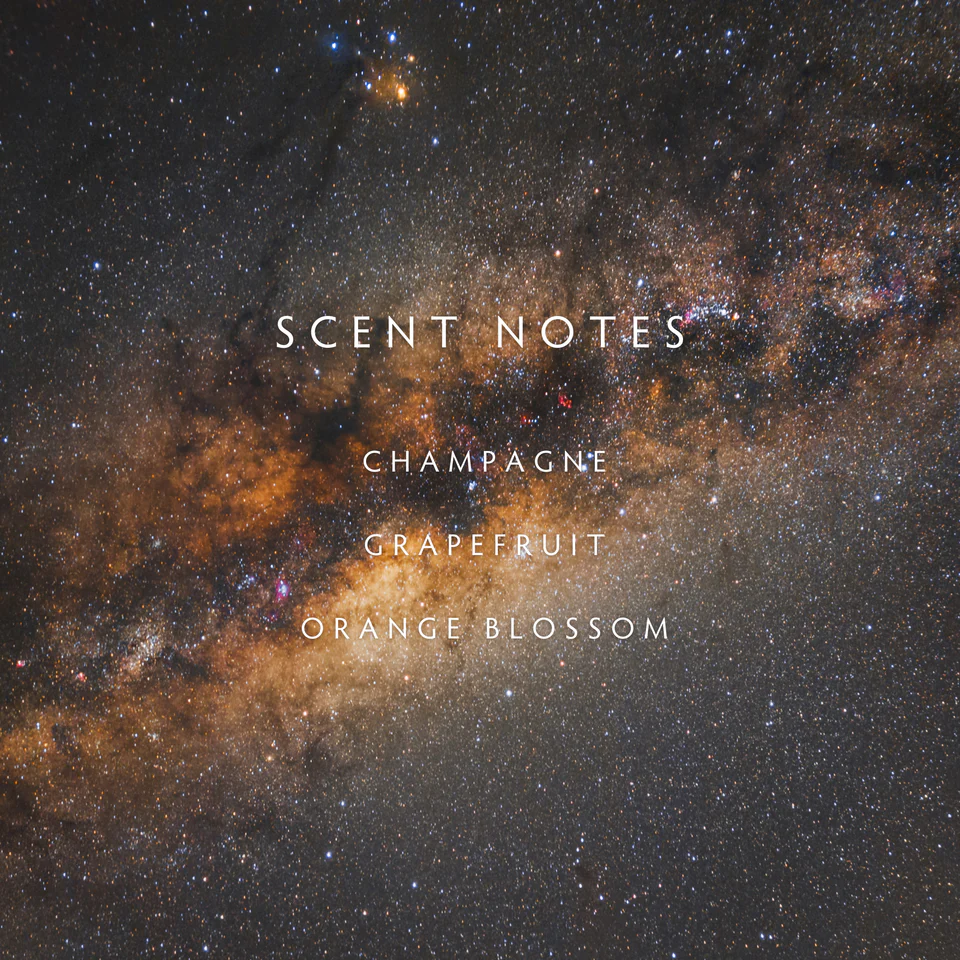 Cosmic background with 'Scent Notes' text and fragrance notes on a starry night sky.