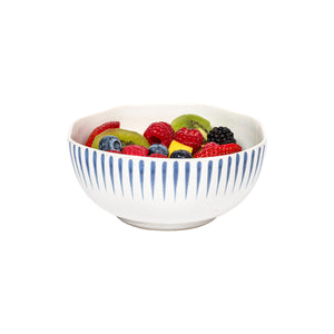 Juliska Sitio Stripe Delft Blue Cereal ice cream bowl with fruit