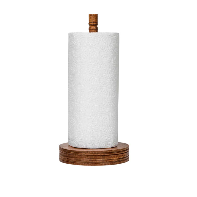 Wooden paper towel holder with a roll of white paper towels