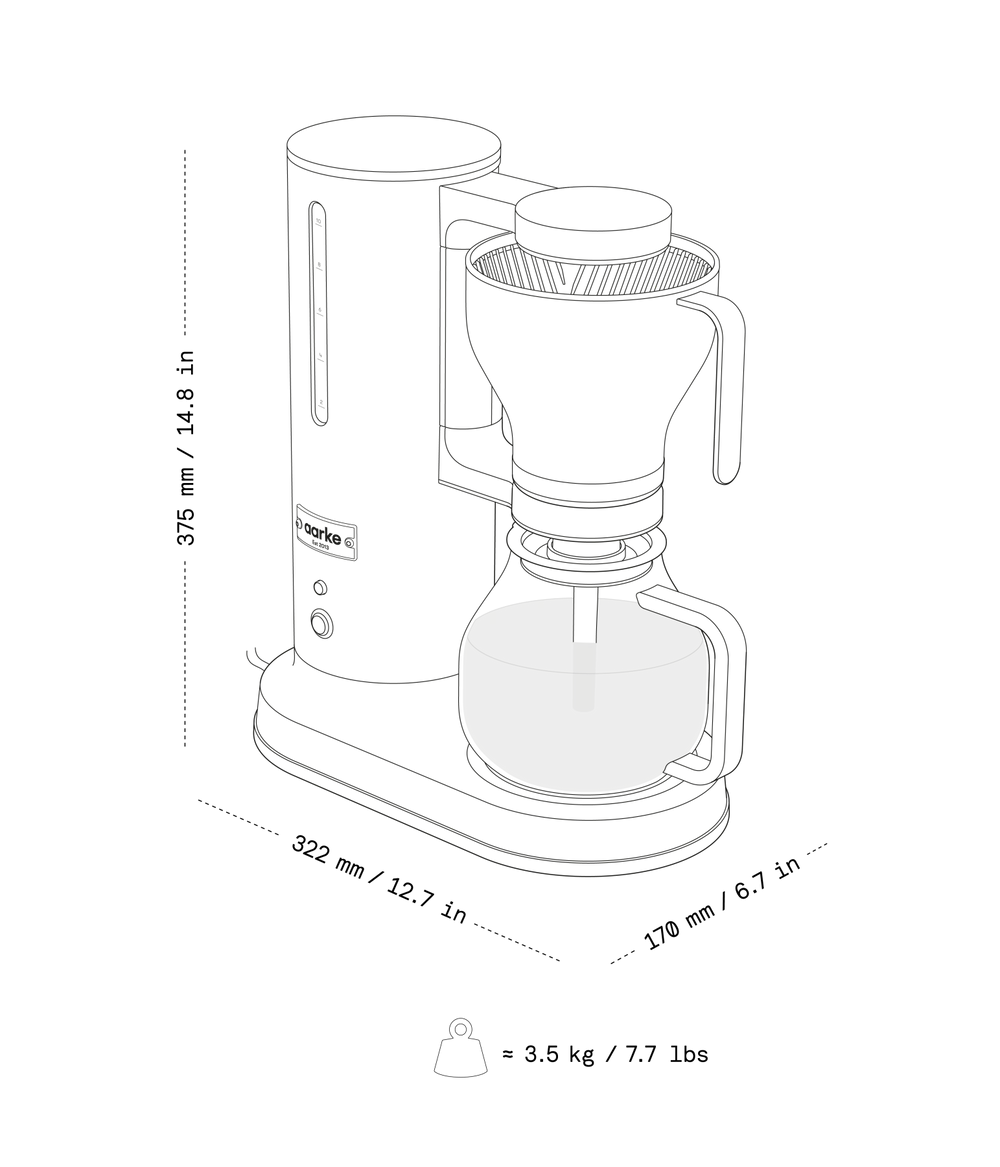 Black and white line drawing of a coffee maker with dimension labels showing height, base width, and carafe width, plus a weight icon and text below.