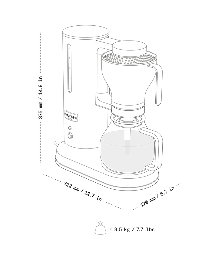 Black and white line drawing of a coffee maker with dimension labels showing height, base width, and carafe width, plus a weight icon and text below.