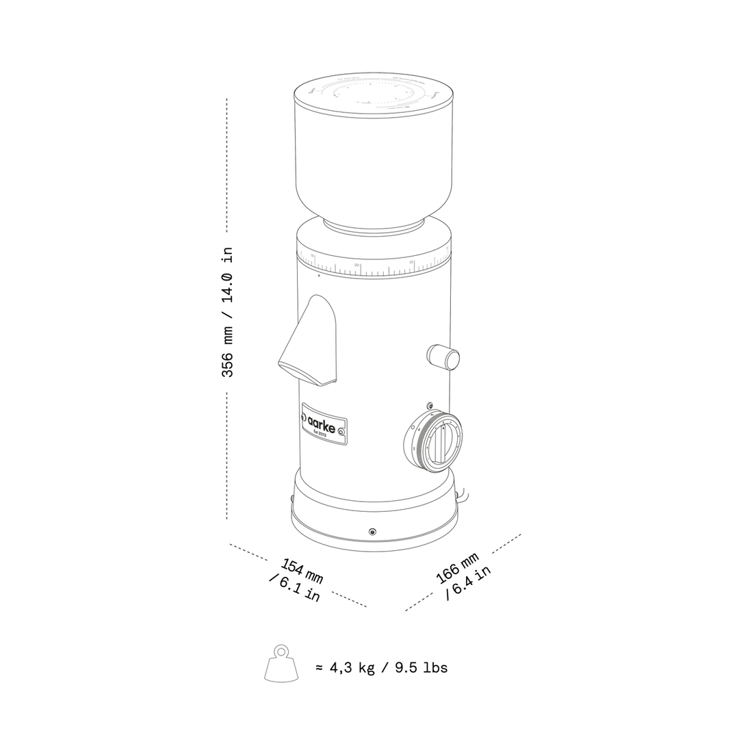 Technical line drawing of a cylindrical product with dimension labels showing 356 mm height, 154 mm width, 169 mm depth, and a weight of 4,3 kg / 9.5 lbs on a white background.