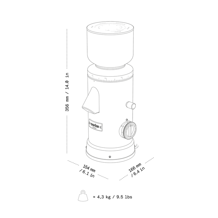 Technical line drawing of a cylindrical product with dimension labels showing 356 mm height, 154 mm width, 169 mm depth, and a weight of 4,3 kg / 9.5 lbs on a white background.