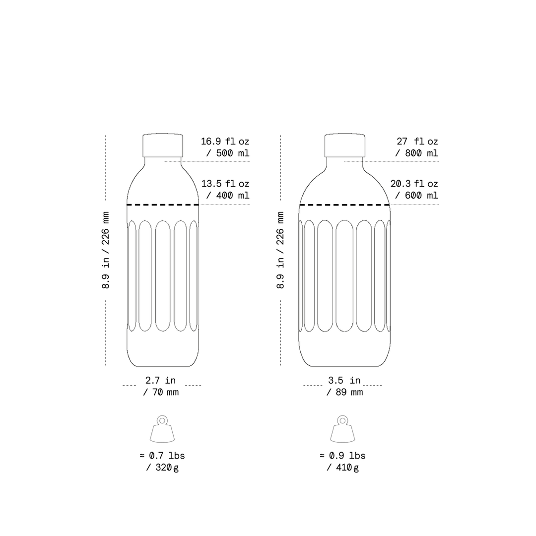 A black and white line diagram showing two different sizes of a 24 fl oz bottle with dimensions, weight, and capacity details.