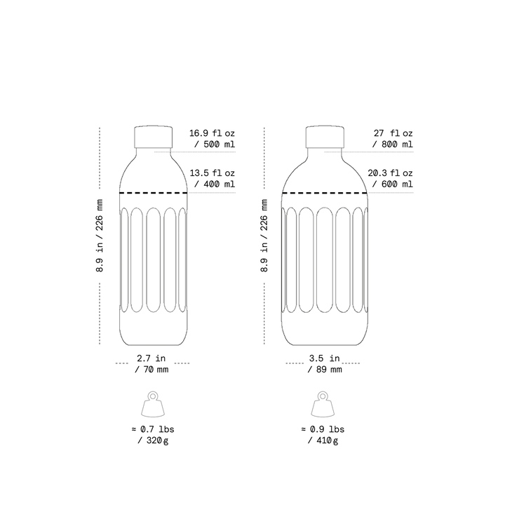 A black and white line diagram showing two different sizes of a 24 fl oz bottle with dimensions, weight, and capacity details.