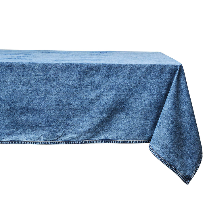 Blue denim-style tablecloth on a white background