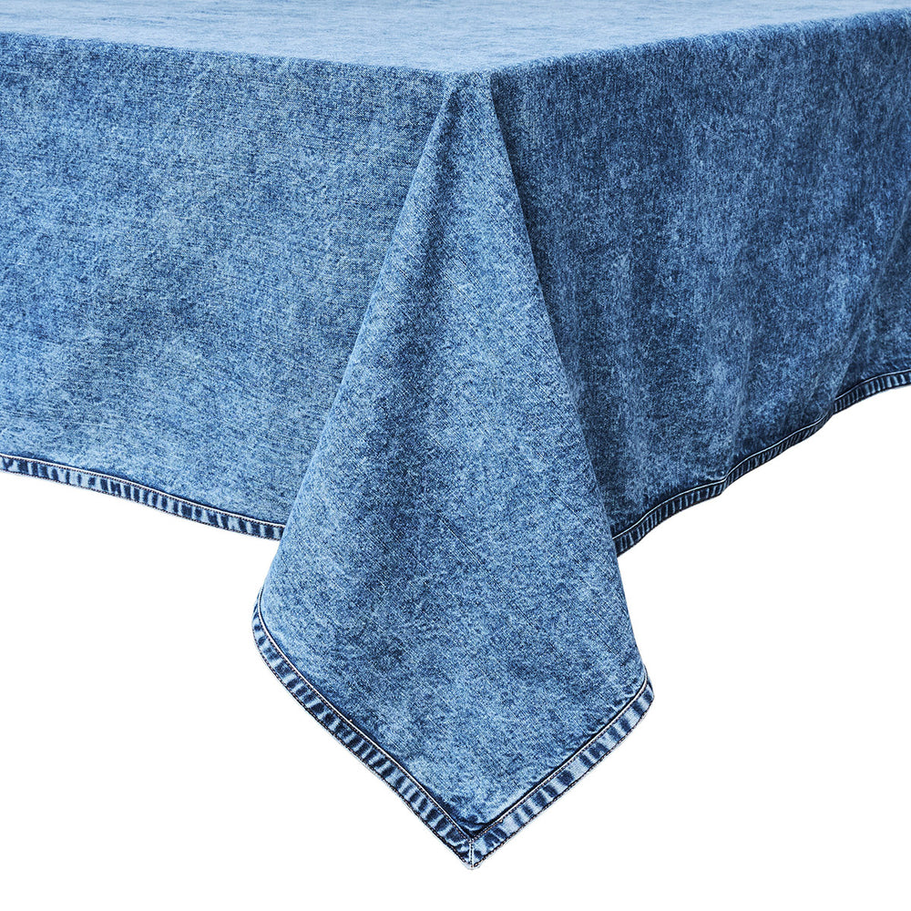 Blue denim-style tablecloth on a white background