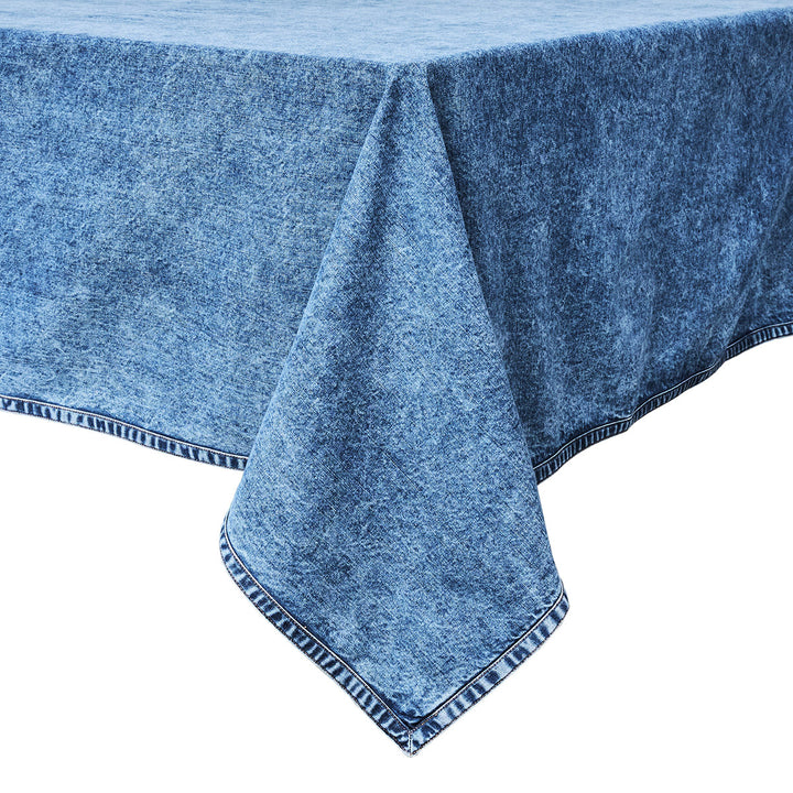 Blue denim-style tablecloth on a white background