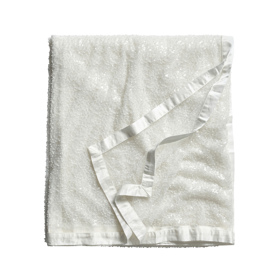 Folded textured towel with ruffled edge on a white background