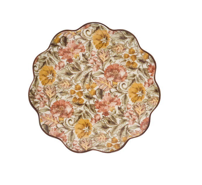 Decorative salad plate with amber fall floral pattern on a white background