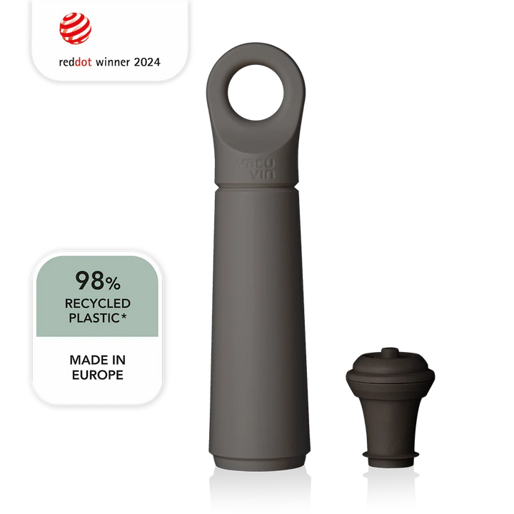 Dark gray wine bottle stopper with 'Made in Europe' and '98% Recycled Plastic' labels on a white background.
