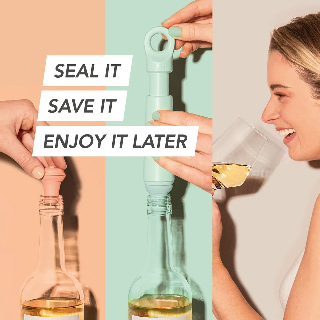 A colorful demonstration with a pink wine bottle vacuum cork in a white wine bottle, then a blue vacuum sealer being used on a blue cork, and then a woman smiling about to take a sip of white wine. the words "Seal it, Save it, Enjoy it later" are set over the image.