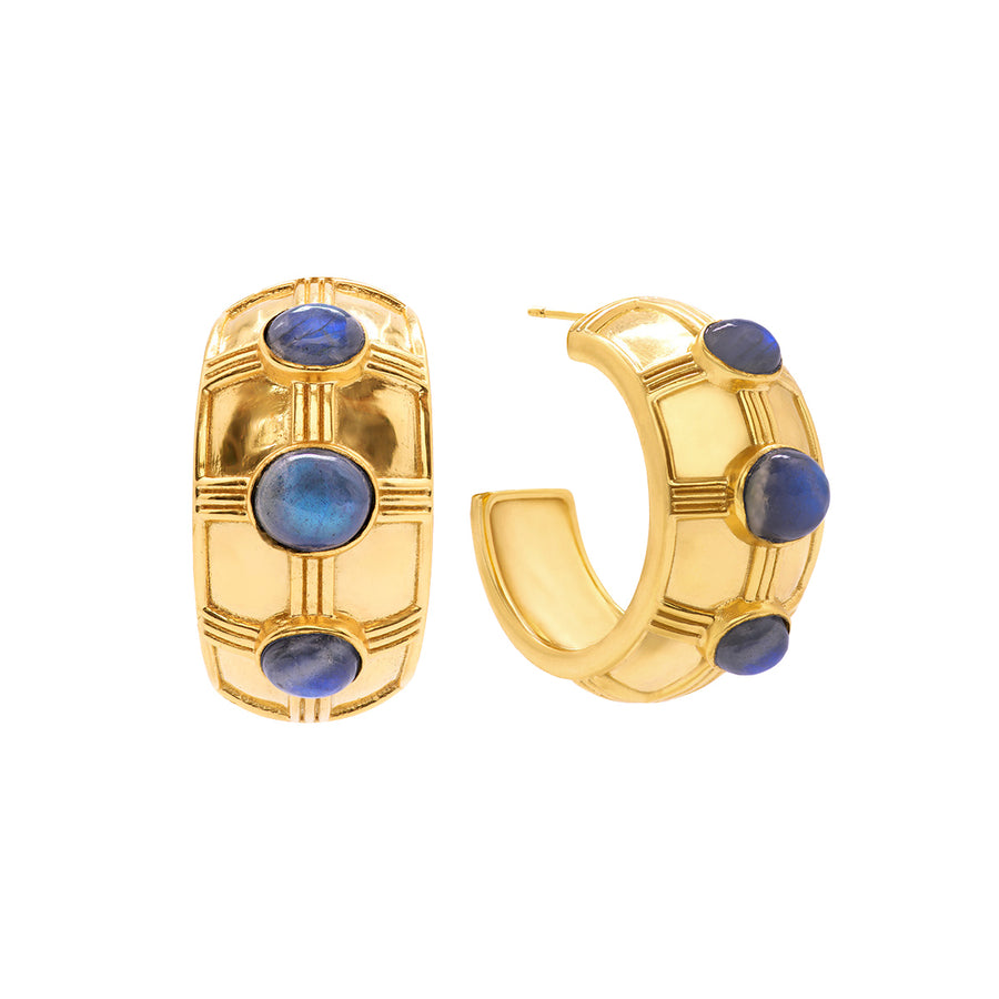 Gold hoop earrings with blue stones