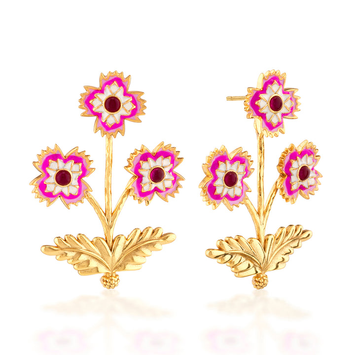 Gold floral earrings with pink flowers and red gem  centers