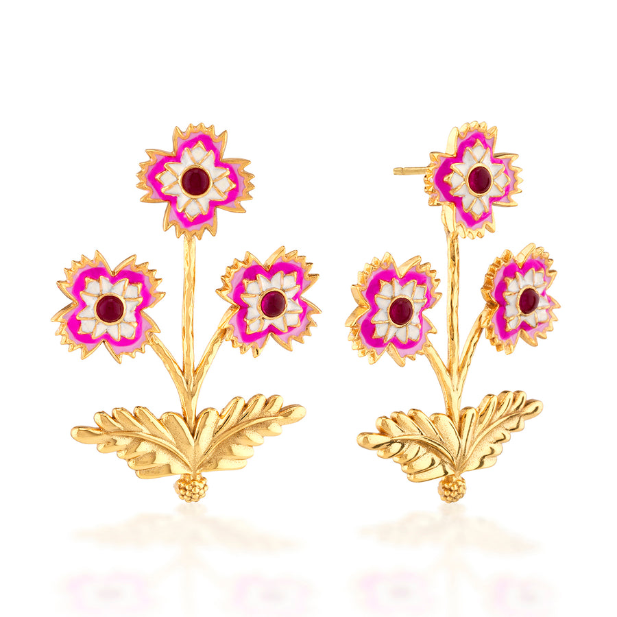 Gold floral earrings with pink flowers and red gem  centers