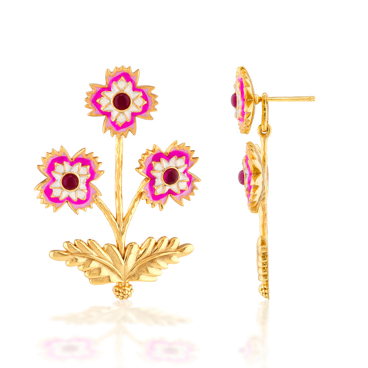 Convertible gold floral earrings with pink and red accents