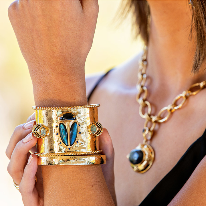 Scarab Grande Cuff, Blue Labradorite & Black Agate