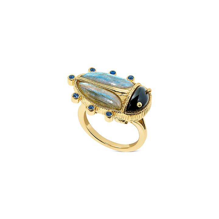 Scarab Ring, Blue Labradorite & Black Agate