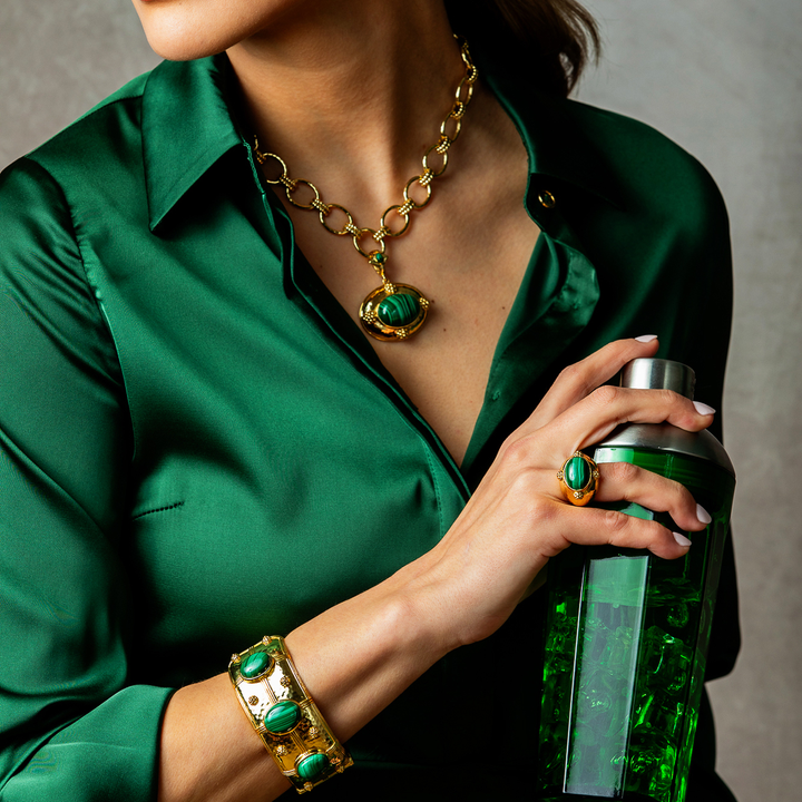 Cleopatra Grande Hinged Bangle, Malachite
