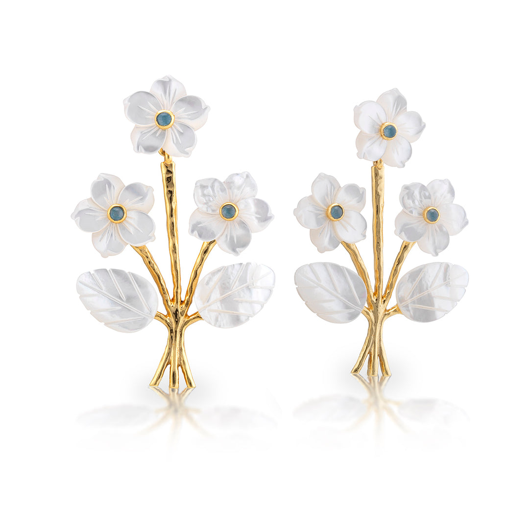 convertible white floral earrings with gold branches and white flowers