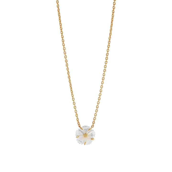 Gold necklace with a white flower pendant 