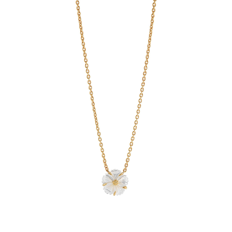 Gold necklace with a white flower pendant 