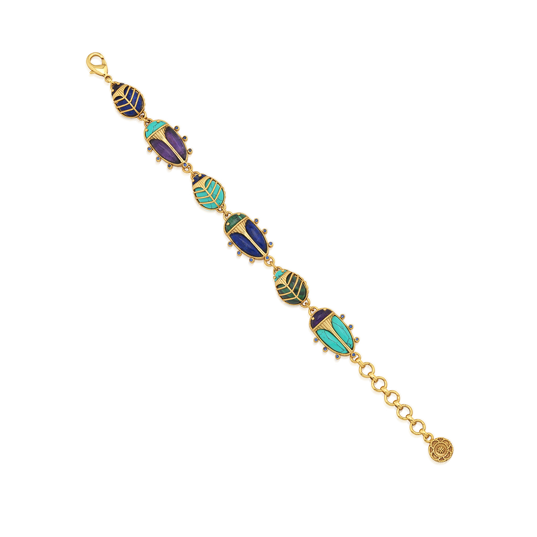 Gold bracelet with colorful beetle shaped  gemstones