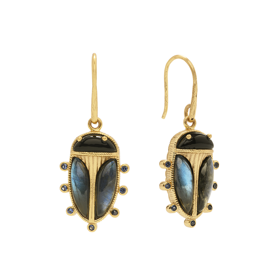 Scarab Petite Drop Earrings, Blue Labradorite & Black Agate
