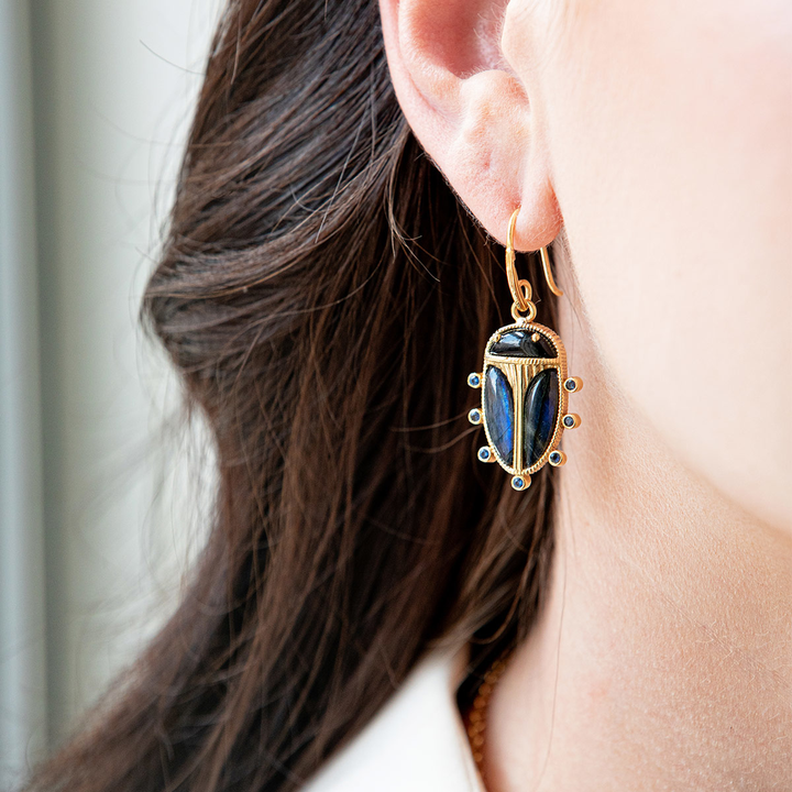 Scarab Petite Drop Earrings, Blue Labradorite & Black Agate