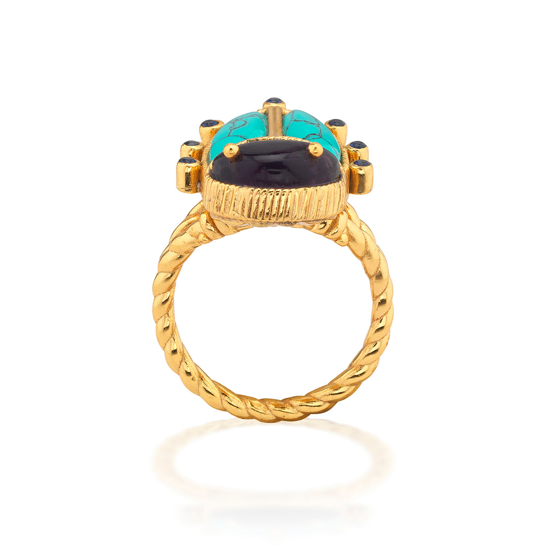 Gold beetle shaped ring with turquoise and black stone