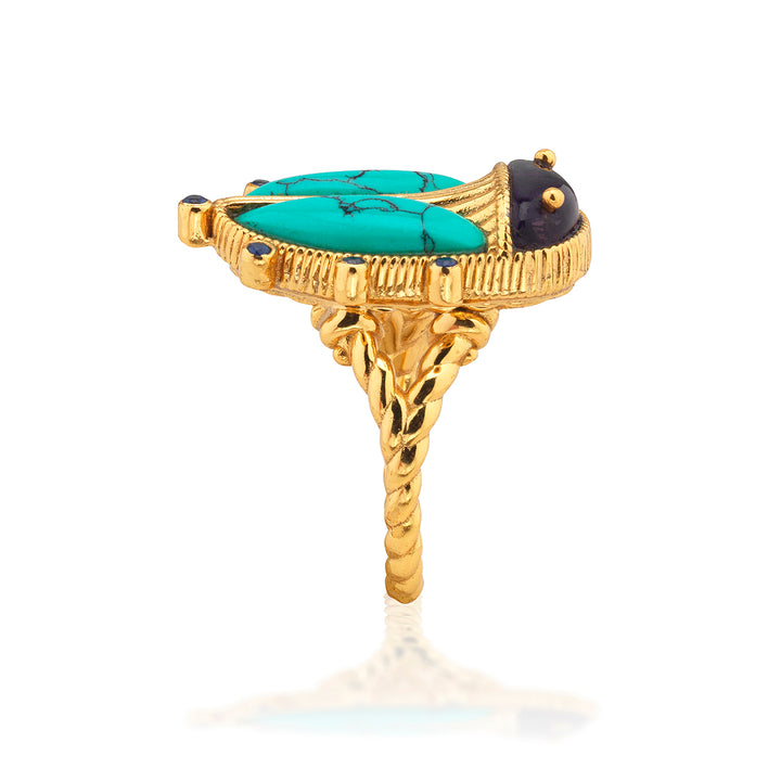 Gold beetle shaped ring with turquoise stone