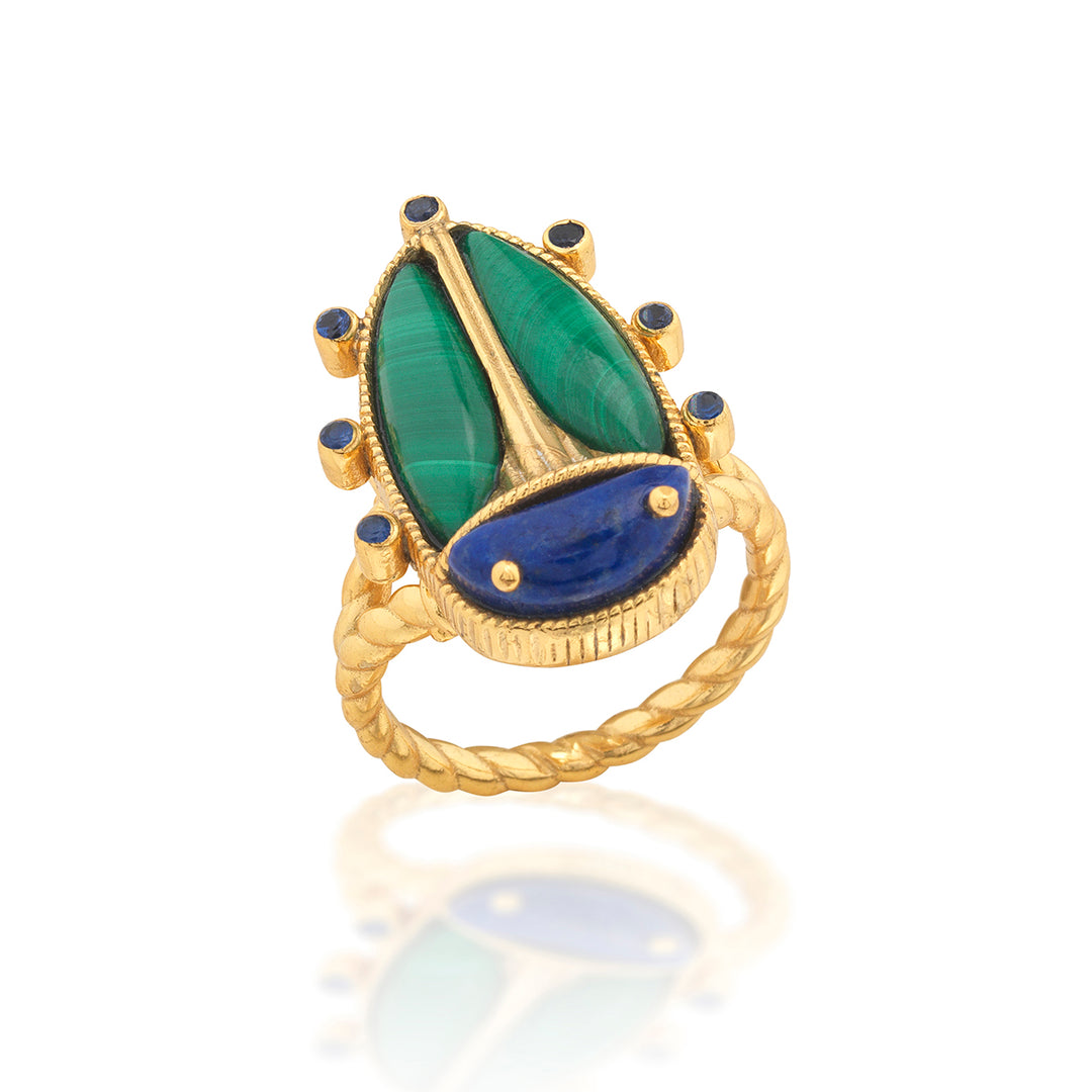Gold beetle shaped ring with green and blue gemstones 
