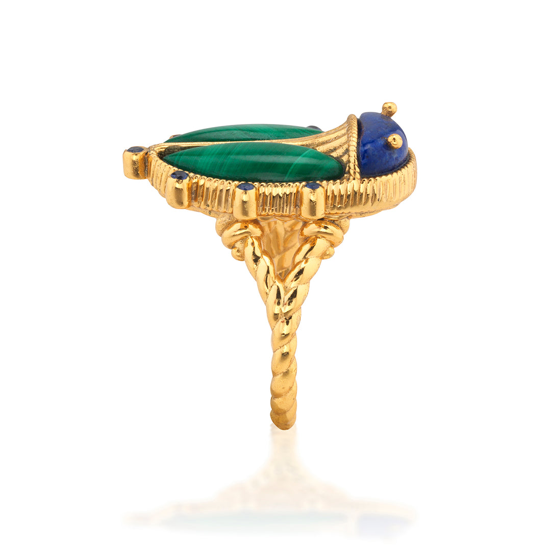 Gold beetle ring with green and blue gemstones