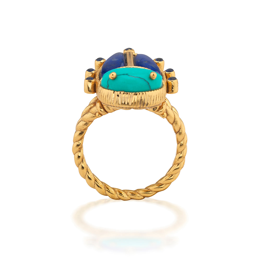 Gold beetle shaped ring with turquoise and blue gemstones 