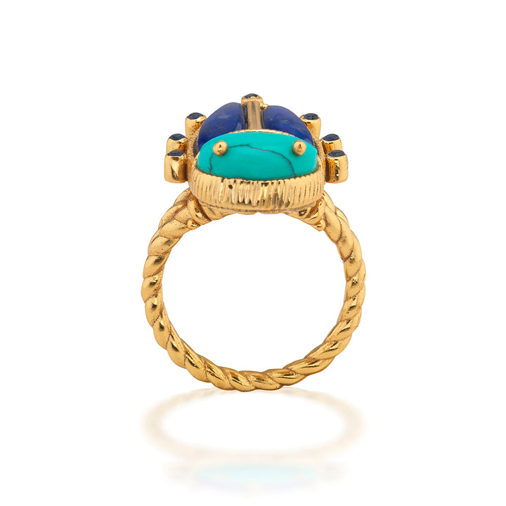 Gold beetle shaped ring with turquoise and blue gemstones 