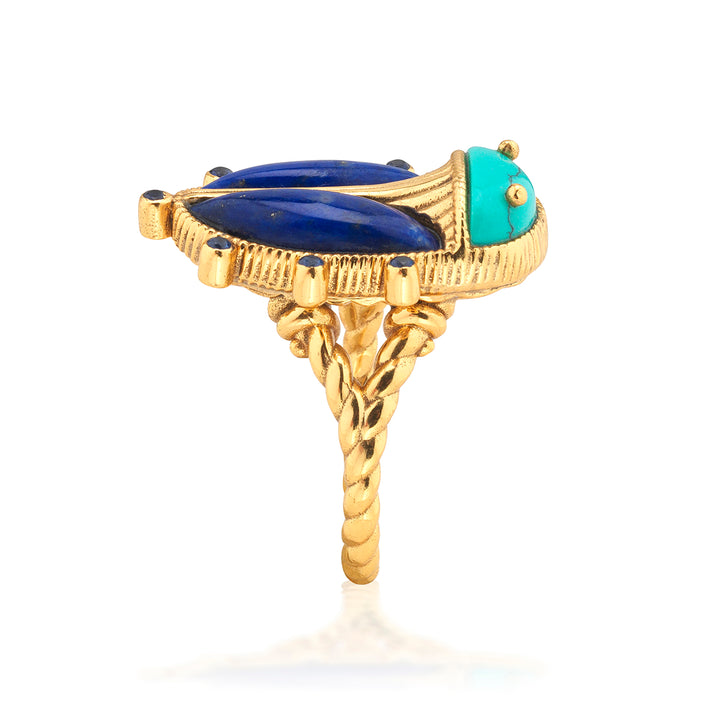 Gold beetle shaped ring with blue and green stones