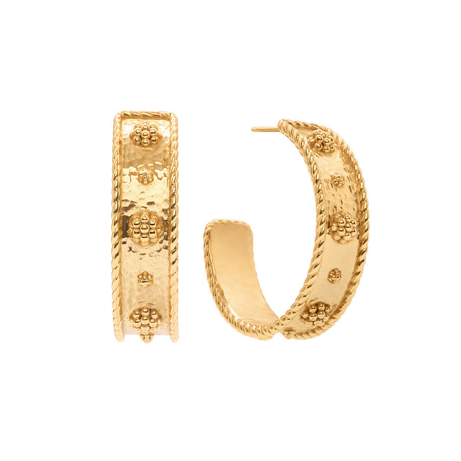 Gold hoop earrings with intricate berry and thread designs 