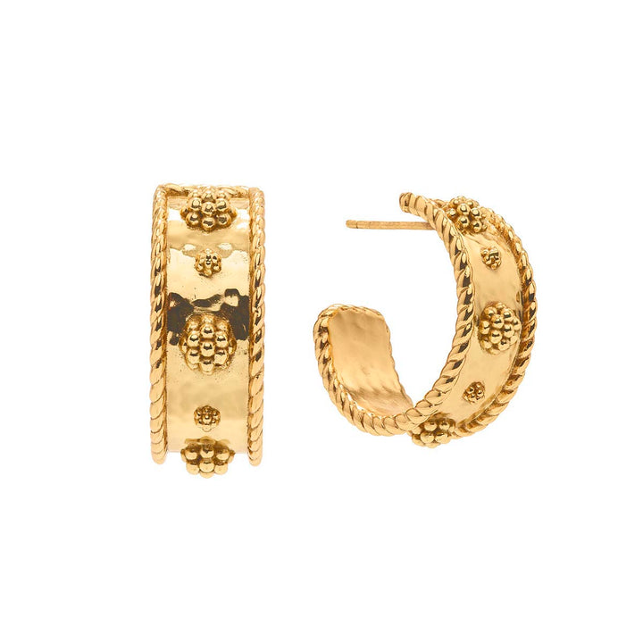 Gold Berry and Thread hoop earrings with intricate designs 