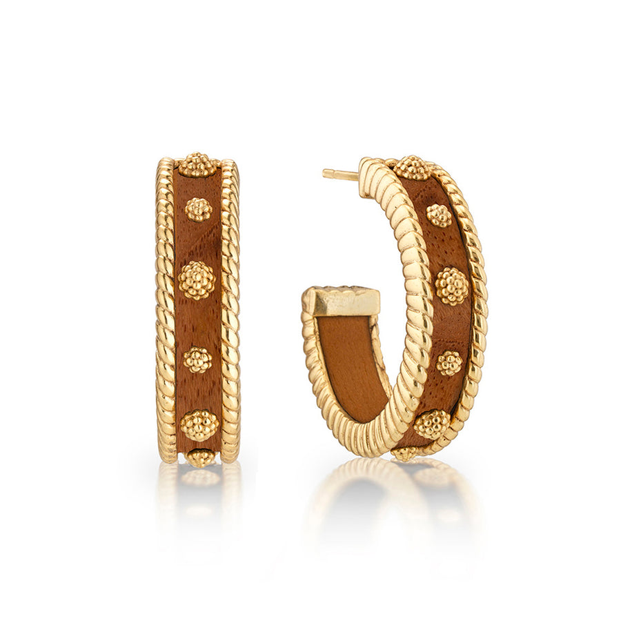Gold hoop earrings with wooden inlay