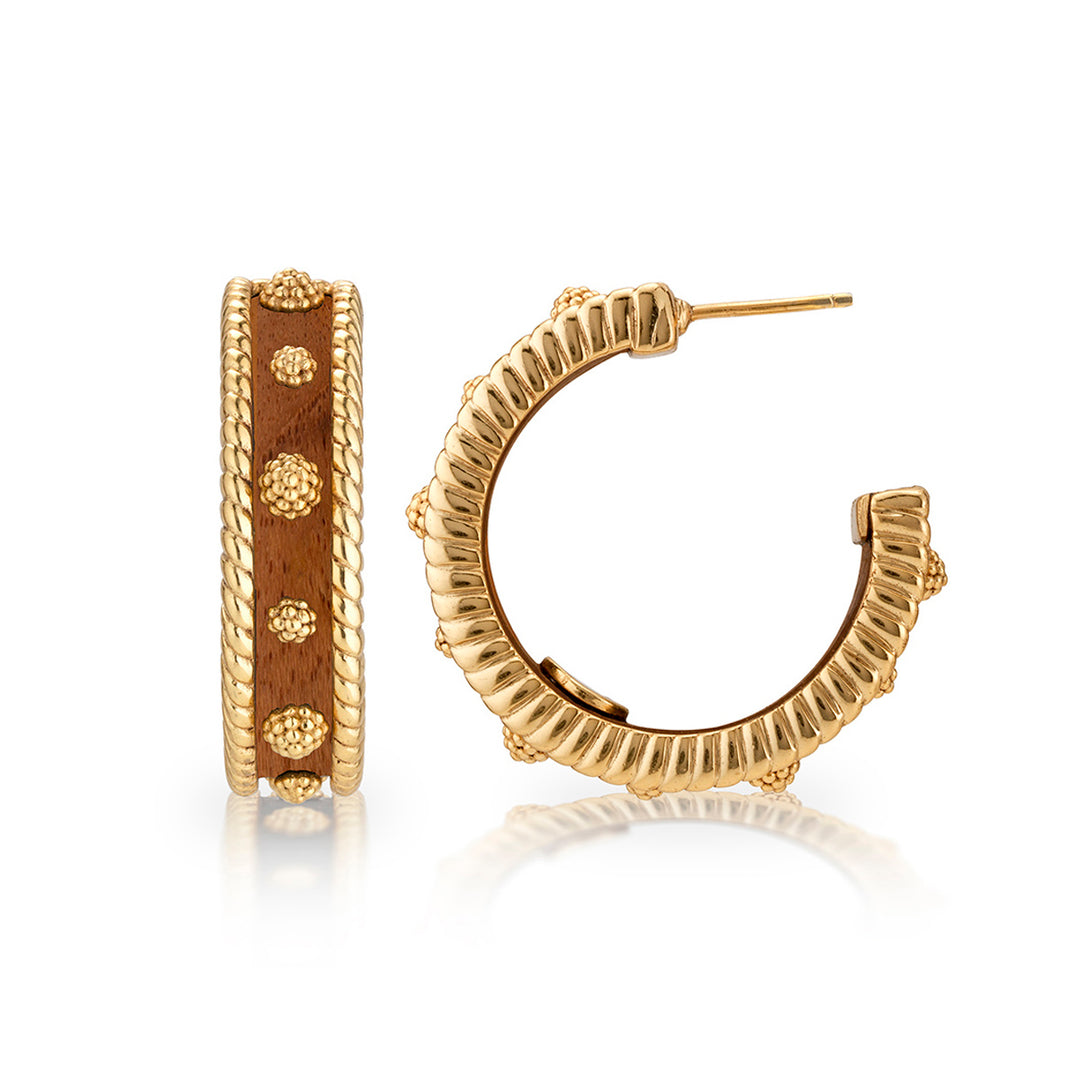 Gold hoop berry and thread earrings wood features